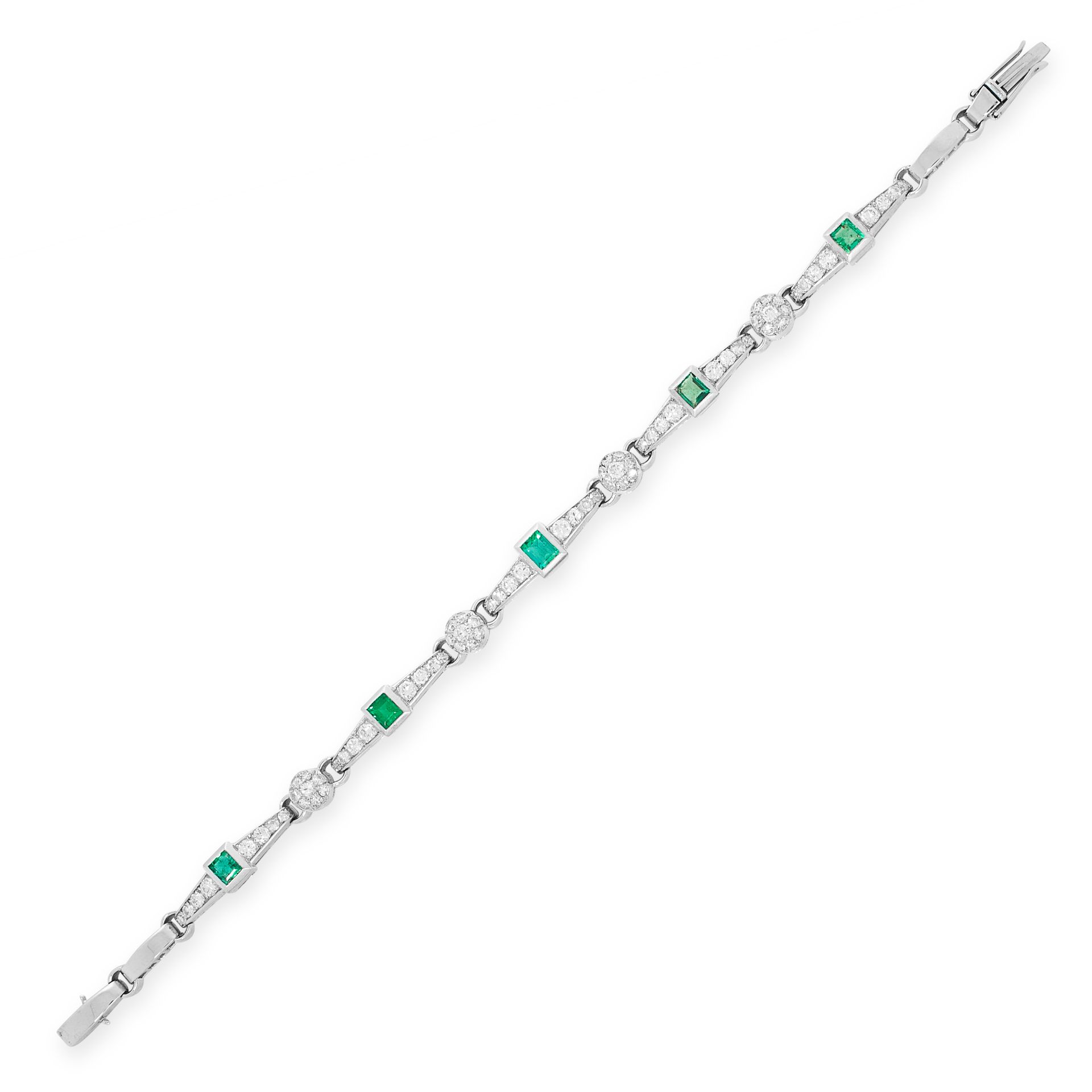 AN EMERALD AND DIAMOND BRACELET in 18ct white gold, set with five graduated step cut emeralds,