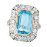 AN AQUAMARINE AND DIAMOND DRESS RING in 18ct white gold and yellow gold, set with an emerald cut