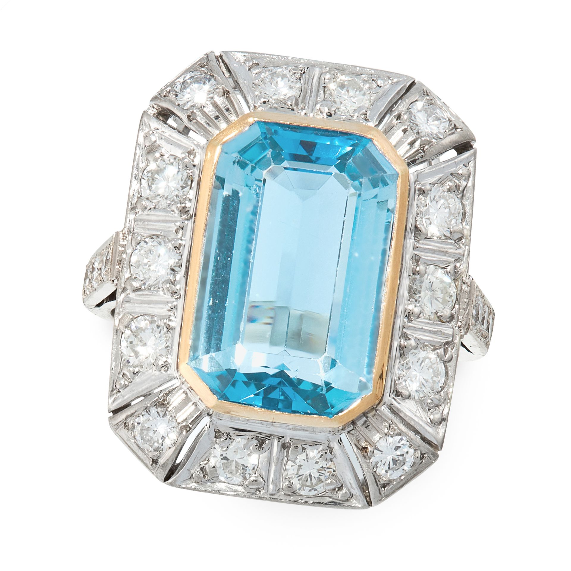 AN AQUAMARINE AND DIAMOND DRESS RING in 18ct white gold and yellow gold, set with an emerald cut