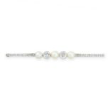 A PEARL AND DIAMOND BAR BROOCH, CIRCA 1940 in 14ct white gold, set with a trio of pearls