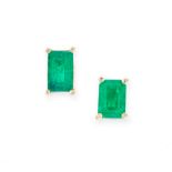 A PAIR OF EMERALD STUD EARRINGS in 18ct yellow gold, each set with an emerald cut emerald