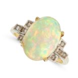 AN OPAL AND DIAMOND DRESS RING in 18ct yellow gold, set with an oval cabochon opal between stepped