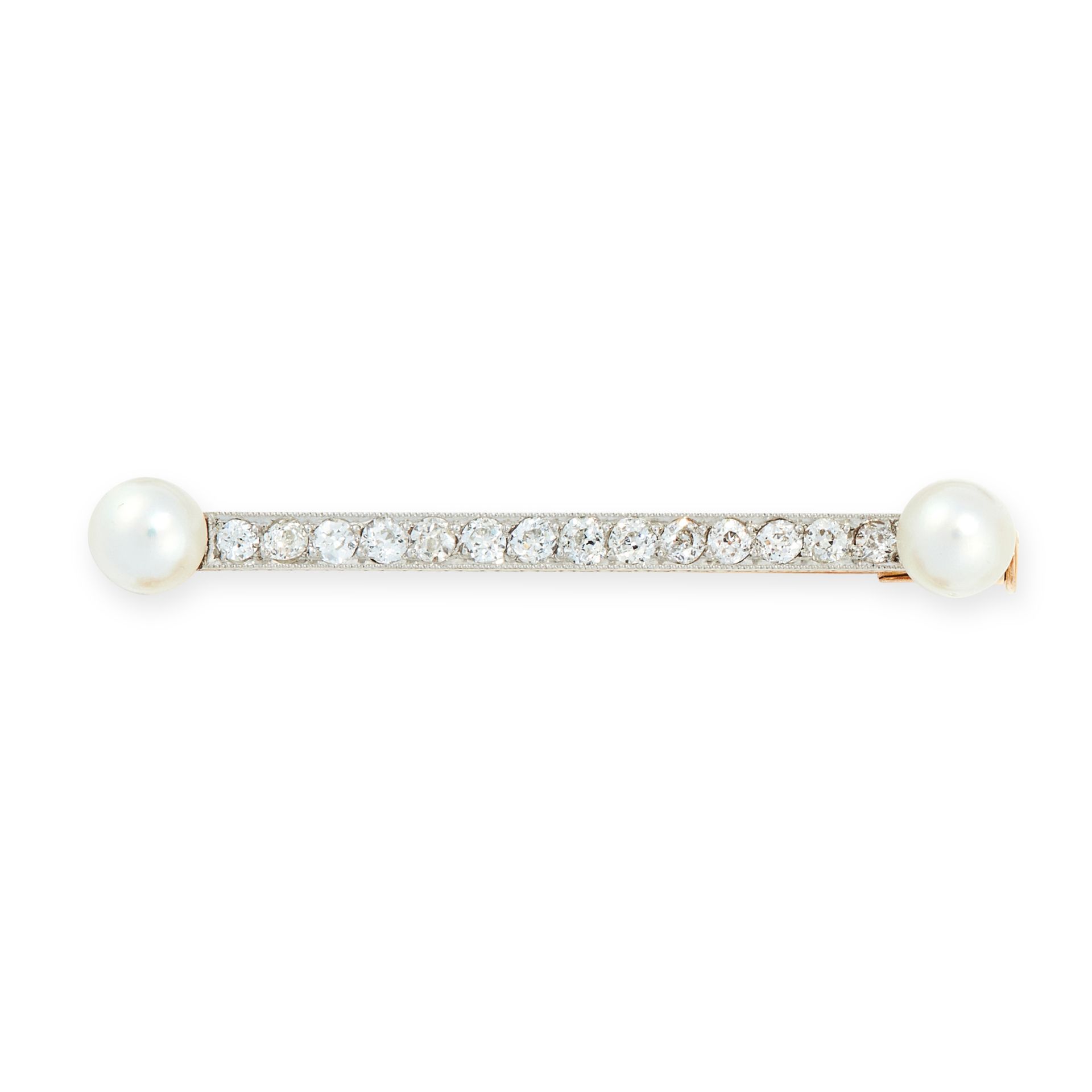 AN ANTIQUE PEARL AND DIAMOND BAR BROOCH, EARLY 20TH CENTURY in high carat yellow gold, set with a