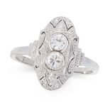 A DIAMOND DRESS RING, CIRCA 1940 in 18ct white gold, the navette shaped face set with two