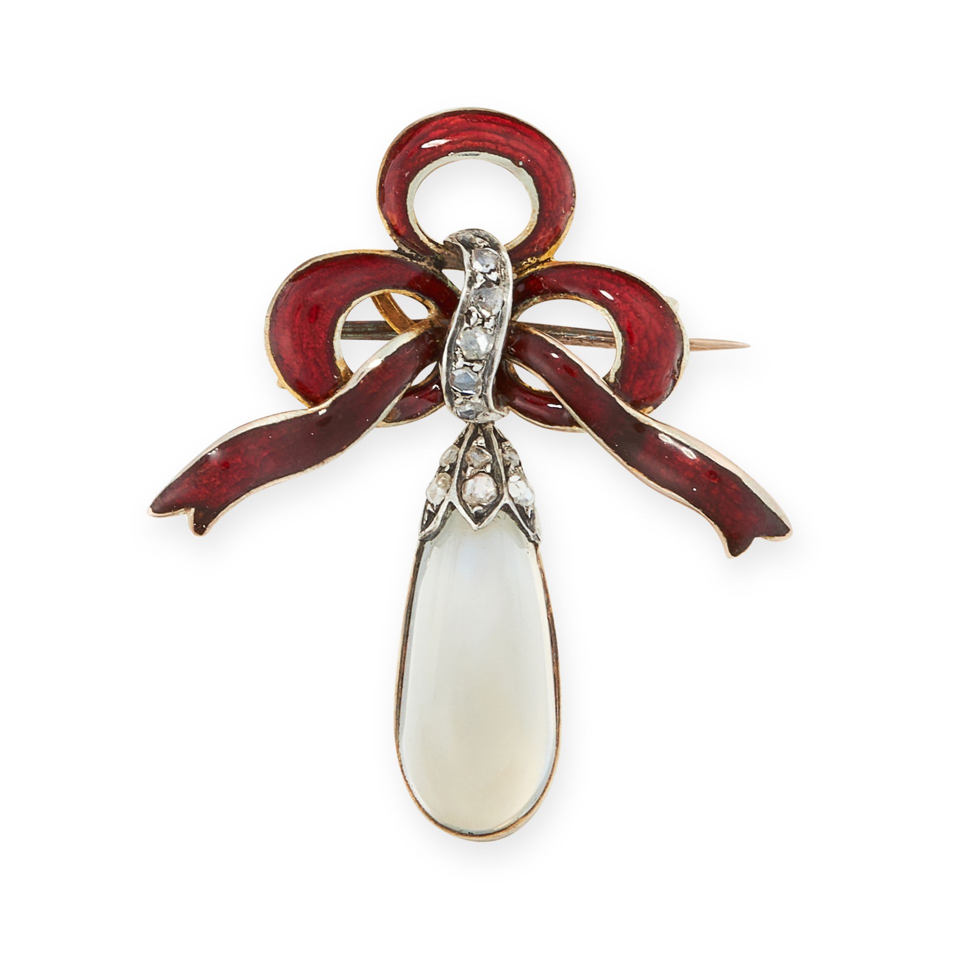 AN ANTIQUE MOONSTONE, DIAMOND AND ENAMEL BROOCH, 19TH CENTURY in yellow gold and silver, designed as