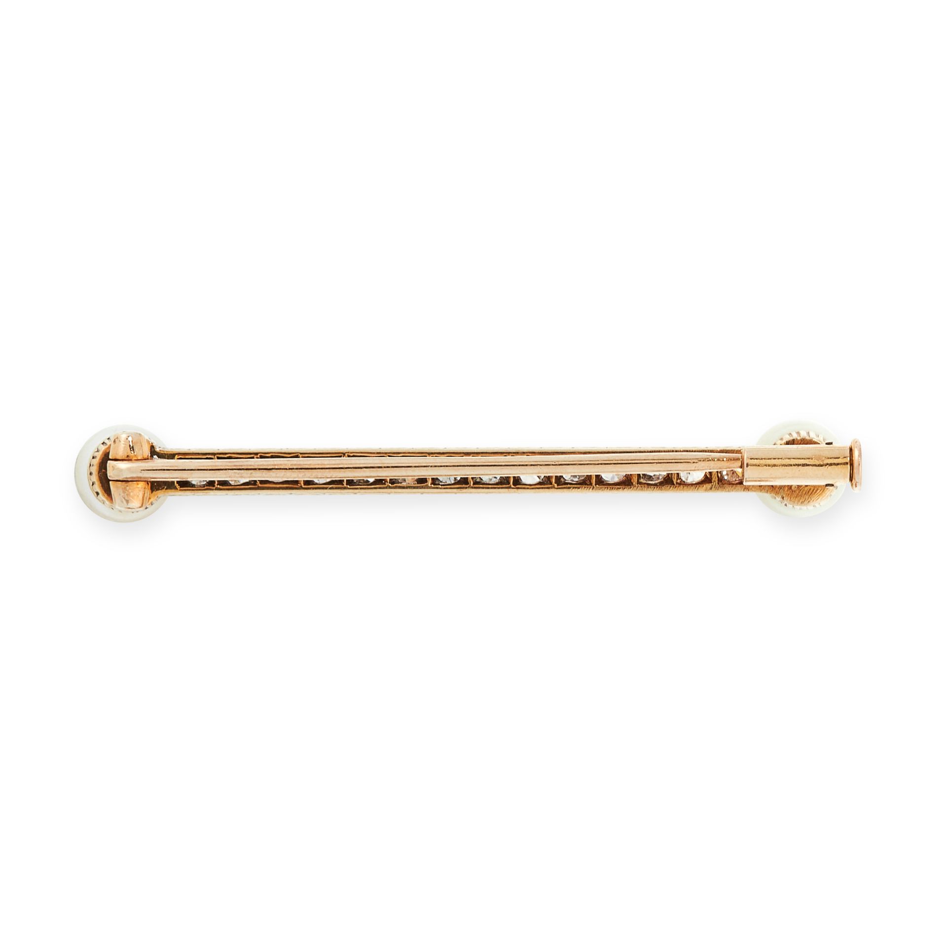 AN ANTIQUE PEARL AND DIAMOND BAR BROOCH, EARLY 20TH CENTURY in high carat yellow gold, set with a - Image 2 of 2