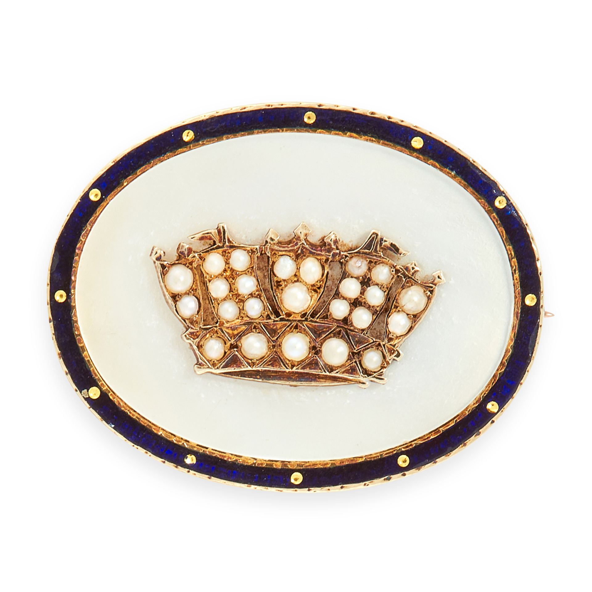 AN ANTIQUE PEARL, MOTHER OF PEARL AND ENAMEL BROOCH in 15ct yellow gold, set with a polished oval