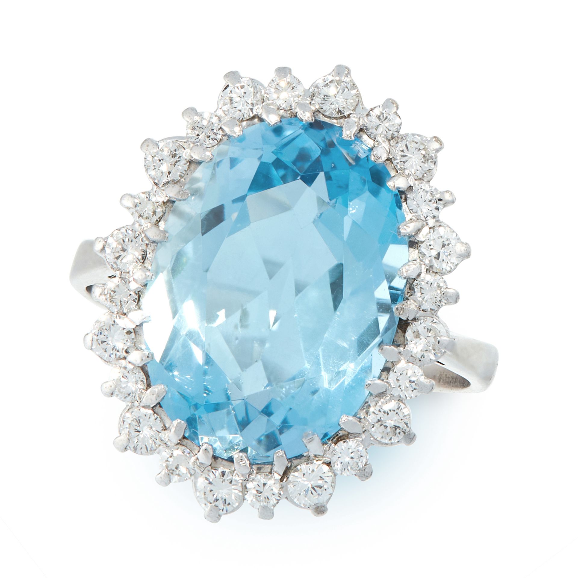 AN AQUAMARINE AND DIAMOND DRESS RING set with an oval cut aquamarine of 6.12 carats, within a border