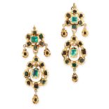 A PAIR OF ANTIQUE IBERIAN EMERALD EARRINGS, SPANISH CIRCA 1800 in yellow gold, the articulated