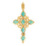 AN ANTIQUE TURQUOISE CROSS PENDANT, 19TH CENTURY in high carat yellow gold, set with clusters of