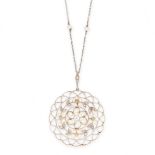 AN ANTIQUE DIAMOND AND PEARL PENDANT AND CHAIN, EARLY 20TH CENTURY the circular pendant set with a
