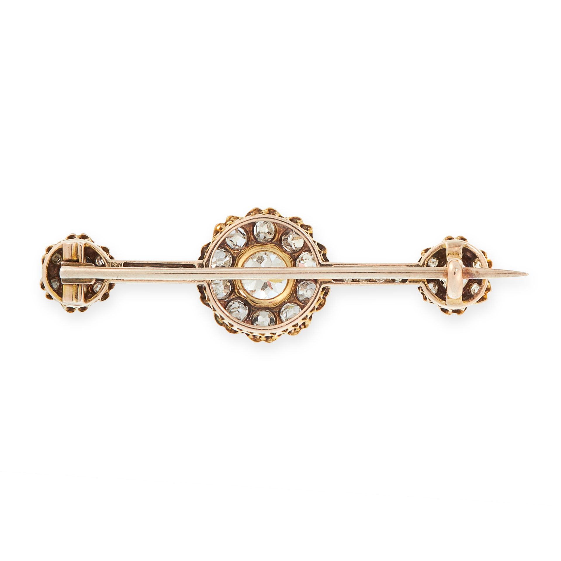 AN ANTIQUE DIAMOND BAR BROOCH, LATE 19TH CENTURY in high carat yellow gold, comprising a trio of - Image 2 of 2