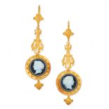 A PAIR OF ANTIQUE CAMEO AND PEARL EARRINGS, 19TH CENTURY in 18ct yellow gold, each set with a