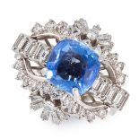 A SAPPHIRE AND DIAMOND DRESS RING, MANNING in 14ct white gold, set with a cushion cut blue