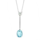 AN AQUAMARINE AND DIAMOND PENDANT NECKLACE in 18ct white gold, set with a cushion cut aquamarine
