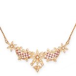 AN ANTIQUE RUBY AND PEARL NECKLACE, 19TH CENTURY in 15ct yellow gold, designed as a trio of