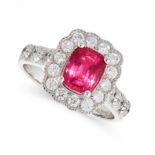 AN UNHEATED RUBY AND DIAMOND RING in 18ct white and yellow gold, set with a cushion cut ruby of 1.82