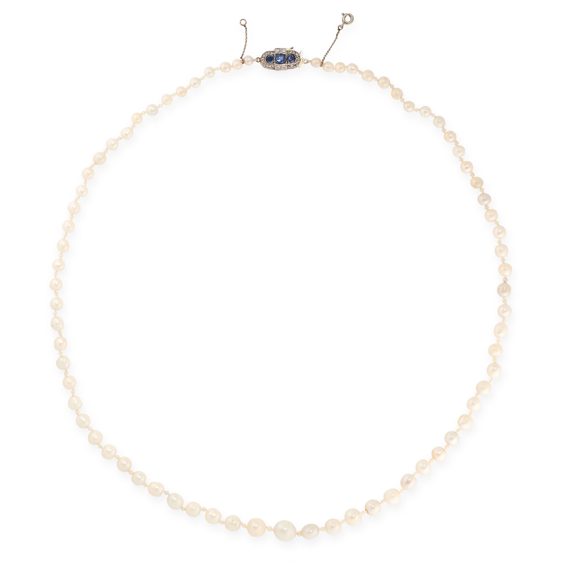 A NATURAL PEARL, SAPPHIRE AND DIAMOND NECKLACE, CIRCA 1935 in 18ct white gold, comprising a single