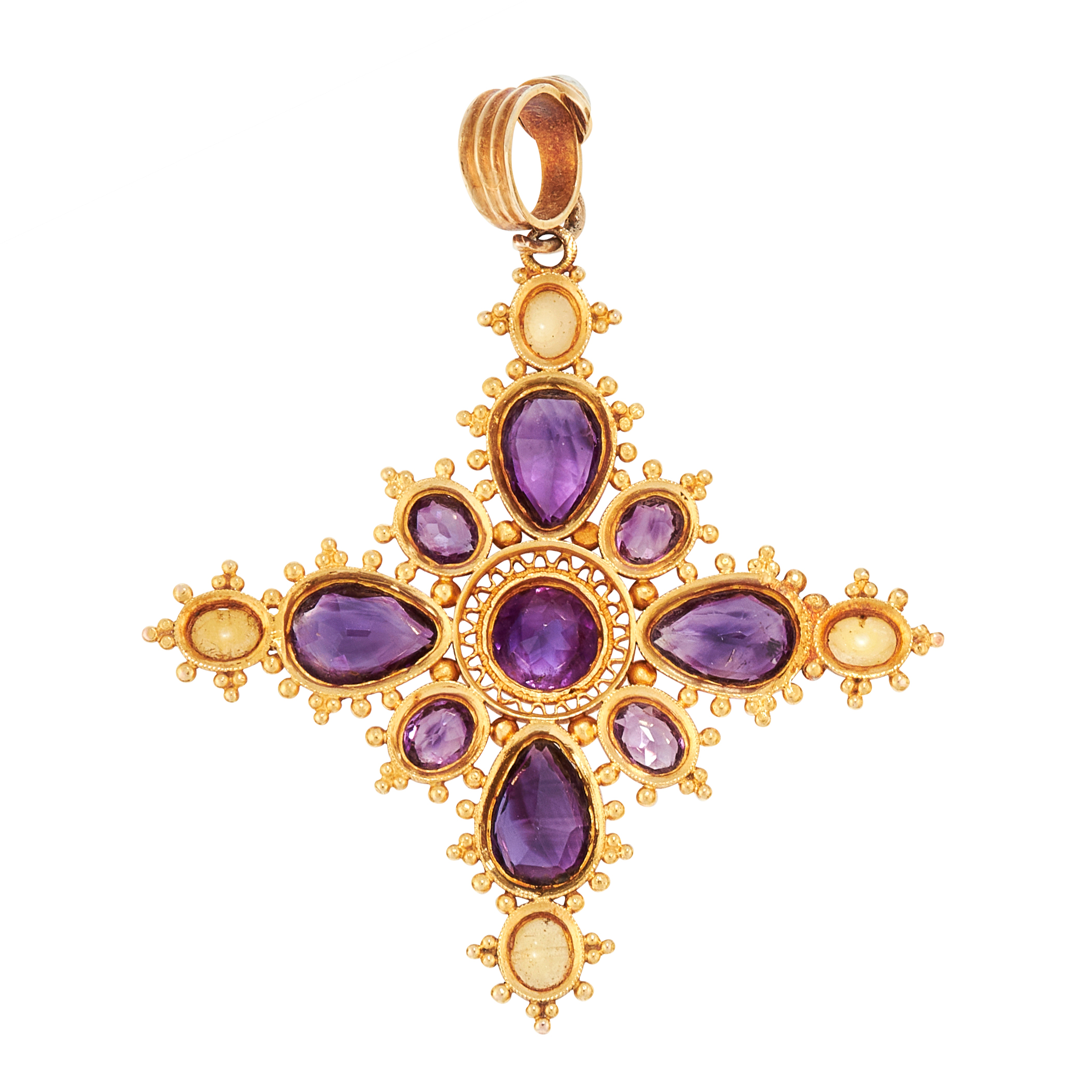 AN ANTIQUE AMETHYST AND PEARL CROSS PENDANT, 19TH CENTURY in high carat yellow gold, set with round, - Image 2 of 2