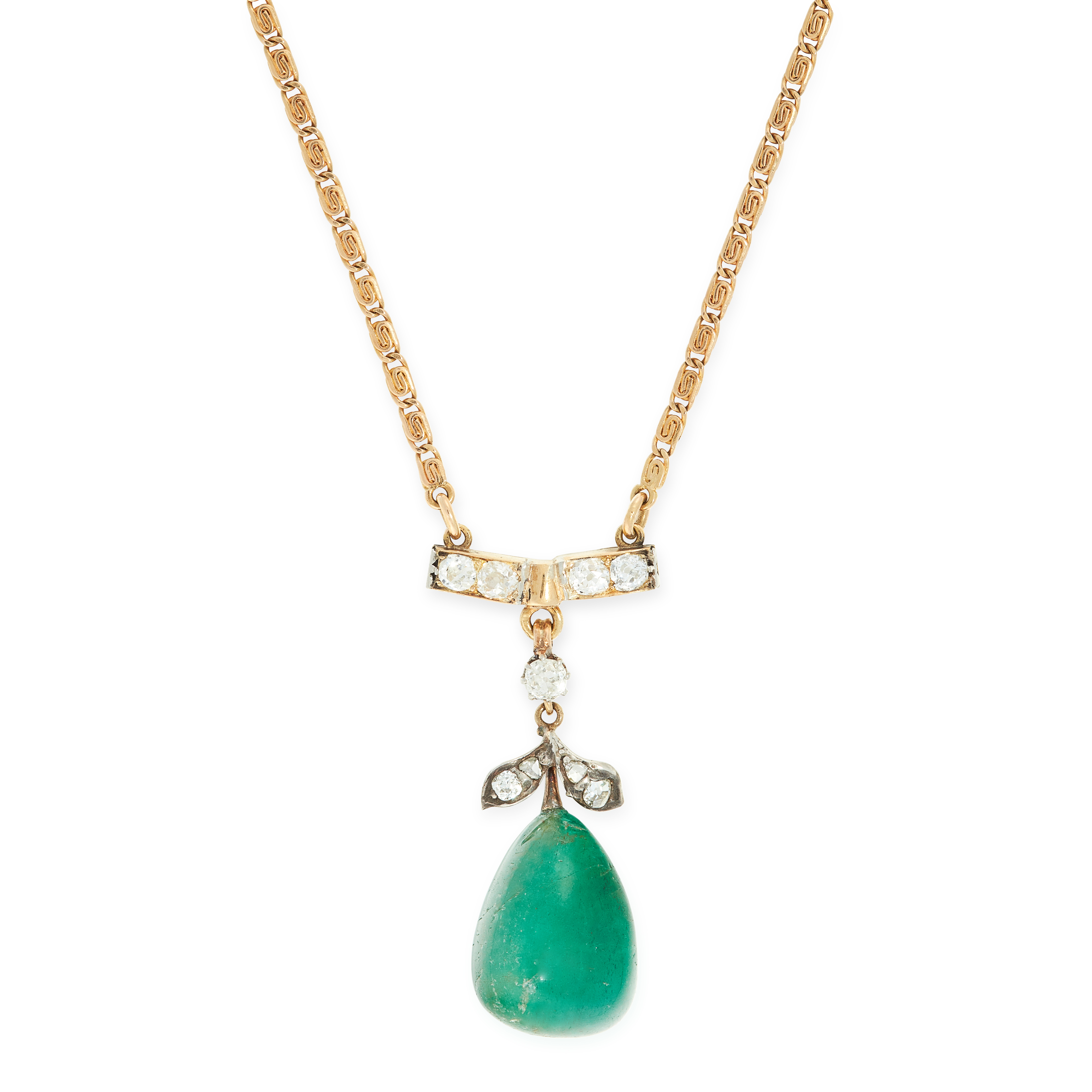 AN EMERALD AND DIAMOND PENDANT NECKLACE in 18ct yellow gold and silver, set with a large drop shaped