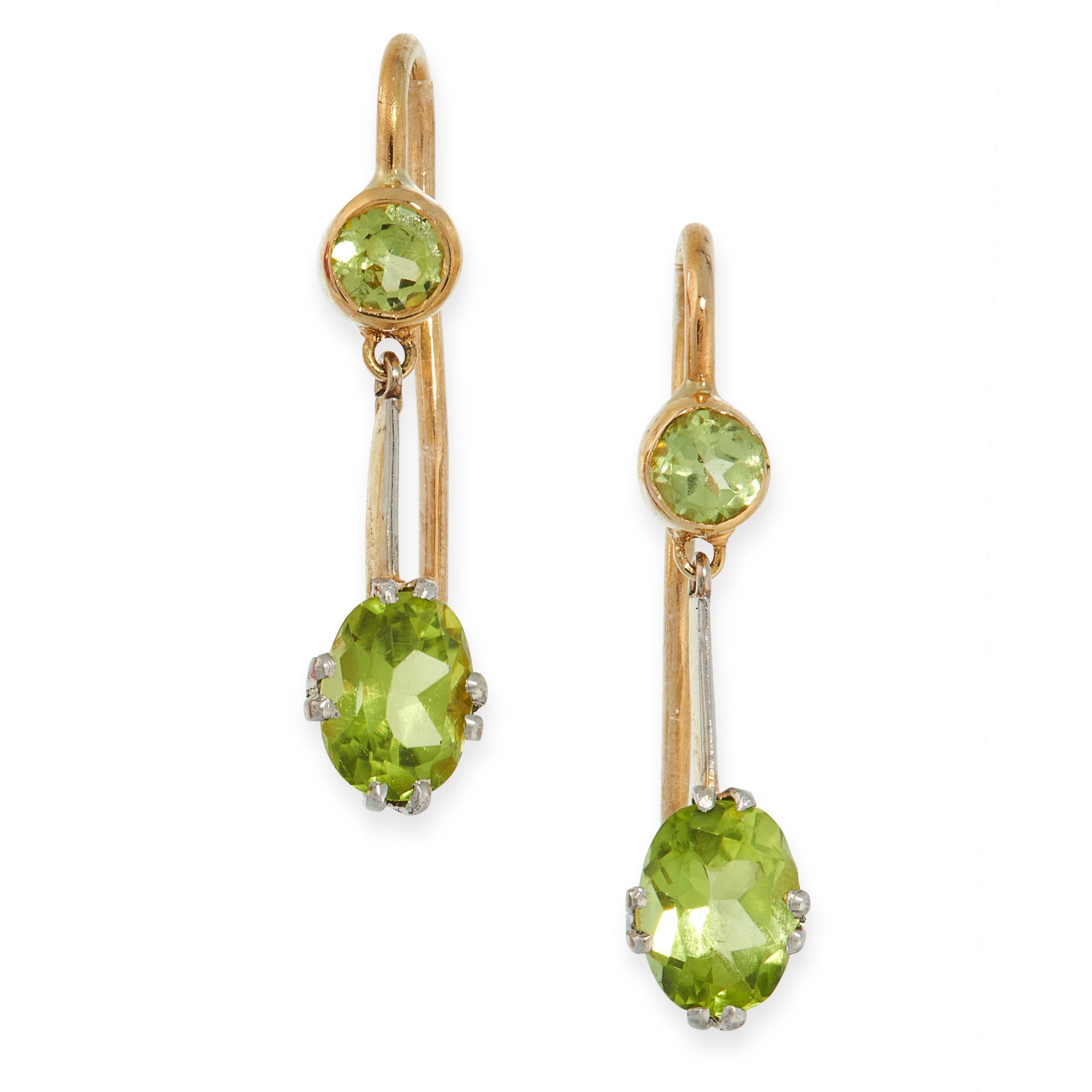 A PAIR OF PERIDOT EARRINGS in yellow gold, each set with an oval cut peridot suspended below a round