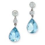 A PAIR OF AQUAMARINE AND DIAMOND DROP EARRINGS in 18ct white gold, each set with a pear cut