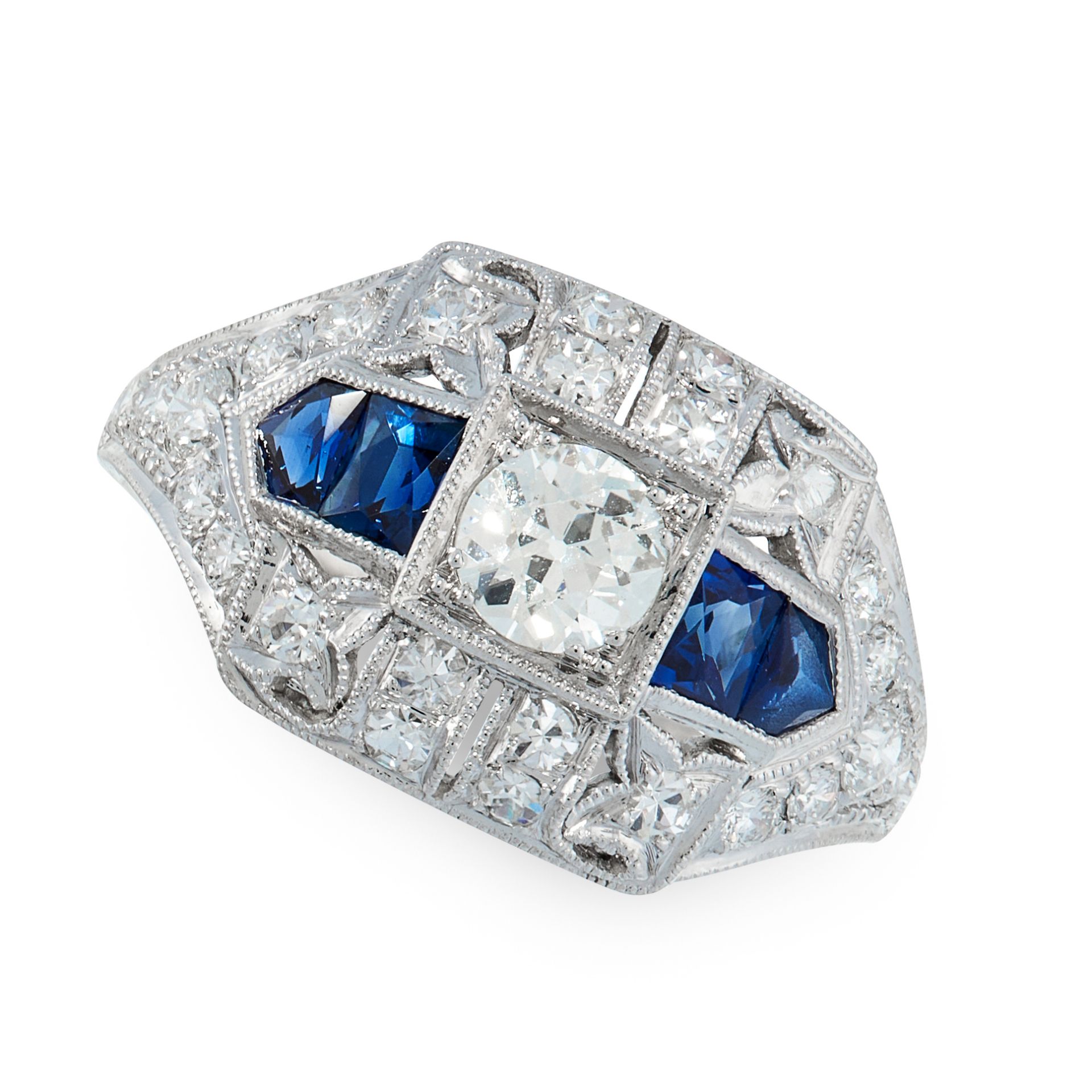 A DIAMOND AND SAPPHIRE DRESS RING, SOPHIA D in platinum, in Art Deco design, set with a central