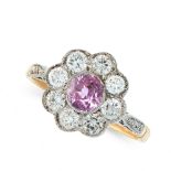 A PINK SAPPHIRE AND DIAMOND DRESS RING in 18ct yellow gold, set with a round cut pink sapphire of