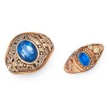 A SET OF TWO COLLEGE RINGS in 10ct yellow gold, each set with an oval cut blue paste, Mary Lithgow