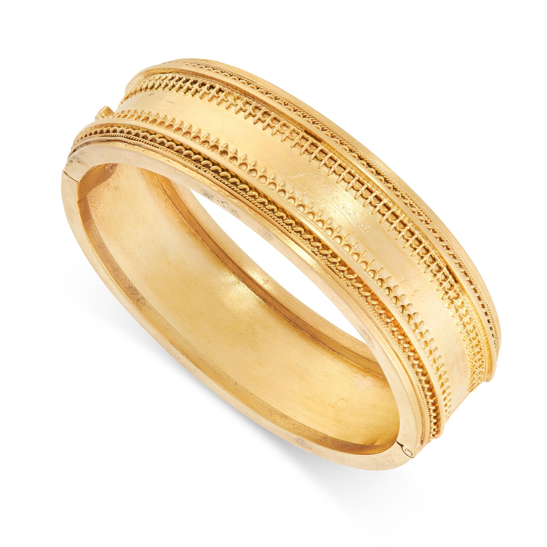AN ANTIQUE CUFF BANGLE, 19TH CENTURY in 15ct yellow gold, the body embellished with bands of applied