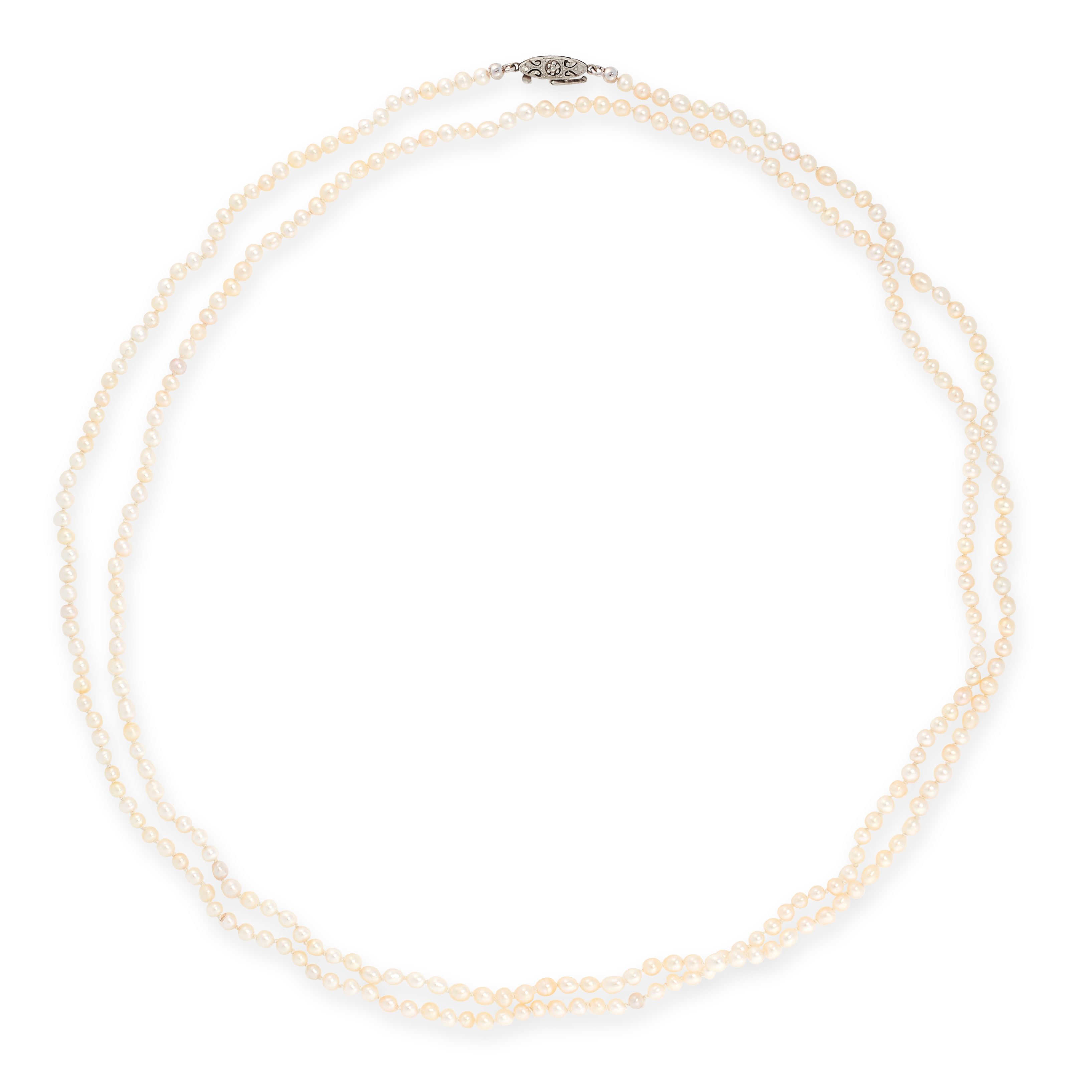 A NATURAL PEARL SAUTOIR NECKLACE in 14ct yellow and white gold, comprising a single row of two