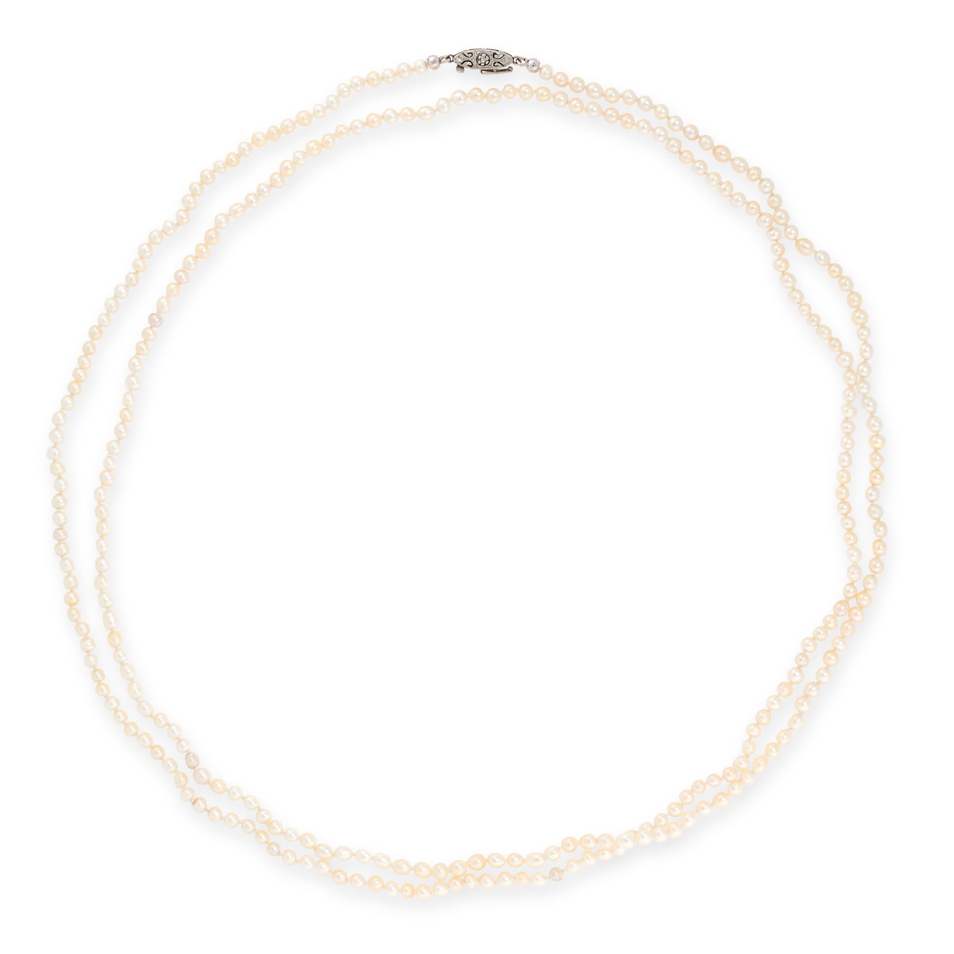 A NATURAL PEARL SAUTOIR NECKLACE in 14ct yellow and white gold, comprising a single row of two