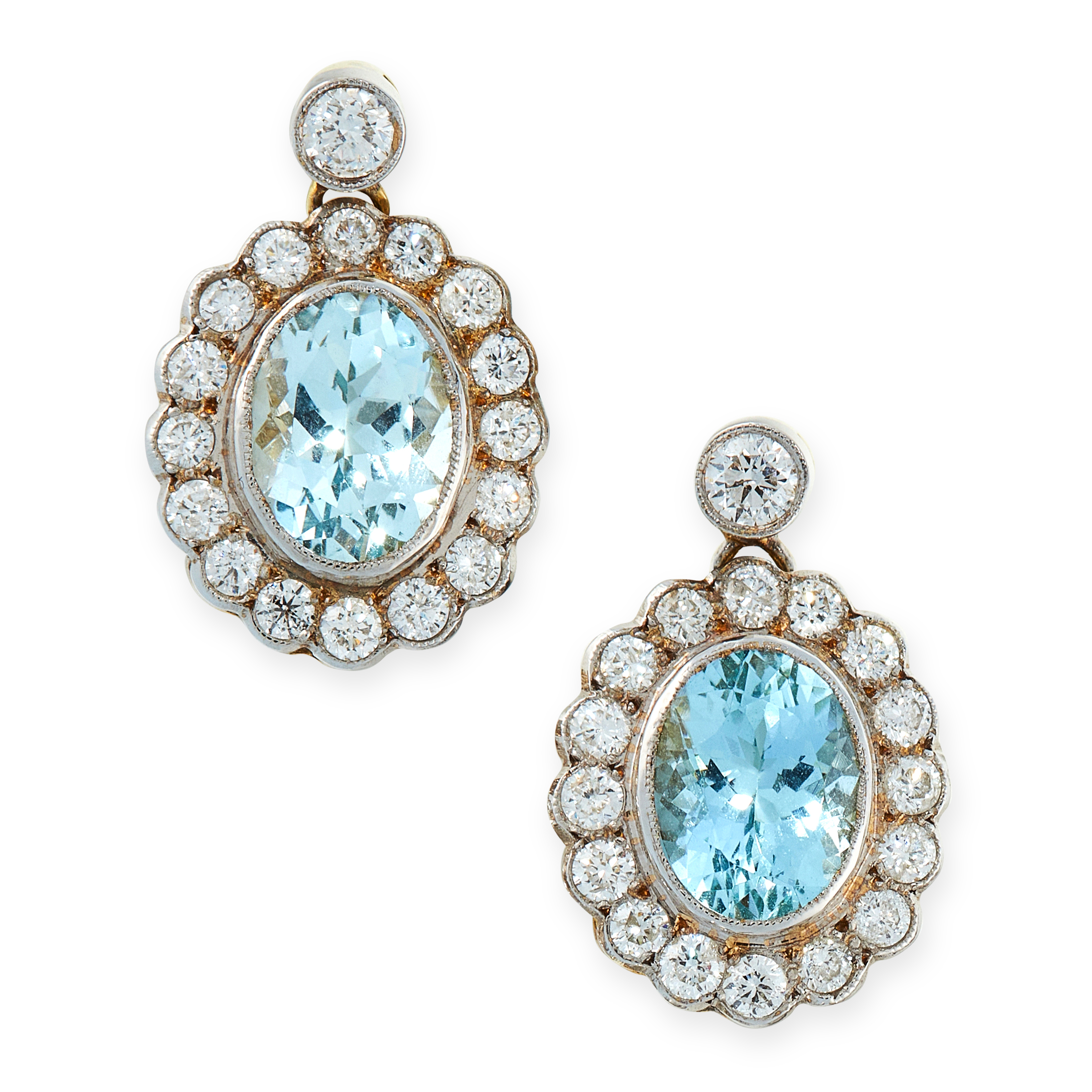 A PAIR OF AQUAMARINE AND DIAMOND EARRINGS in 18ct yellow gold, each set with an oval cut