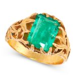 A COLOMBIAN EMERALD DRESS RING in high carat yellow gold, set with an emerald cut emerald of 2.85