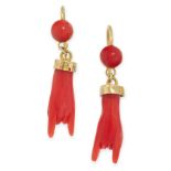 A PAIR OF ANTIQUE CORNICELLO CORAL HAND EARRINGS in yellow gold, each set with a carved coral