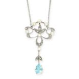 AN AQUAMARINE, PEARL AND DIAMOND PENDANT NECKLACE, EARLY 20TH CENTURY in yellow gold and platinum,