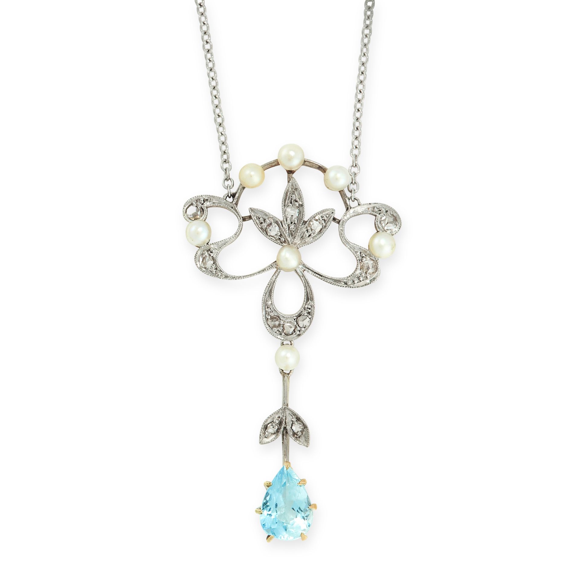 AN AQUAMARINE, PEARL AND DIAMOND PENDANT NECKLACE, EARLY 20TH CENTURY in yellow gold and platinum,
