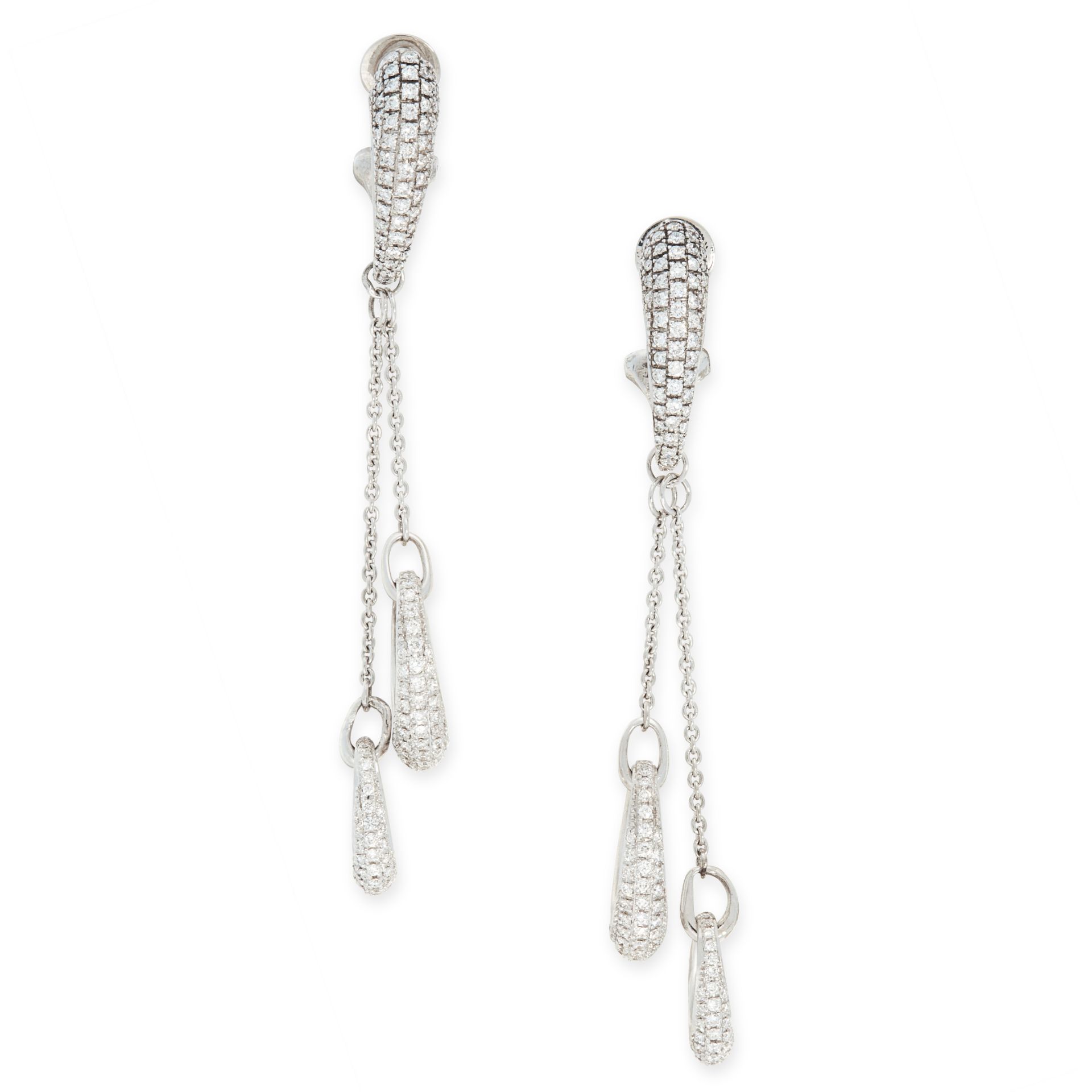 A PAIR OF DIAMOND PENDANT EARRINGS in 18ct white gold, each designed as a tapering row of round