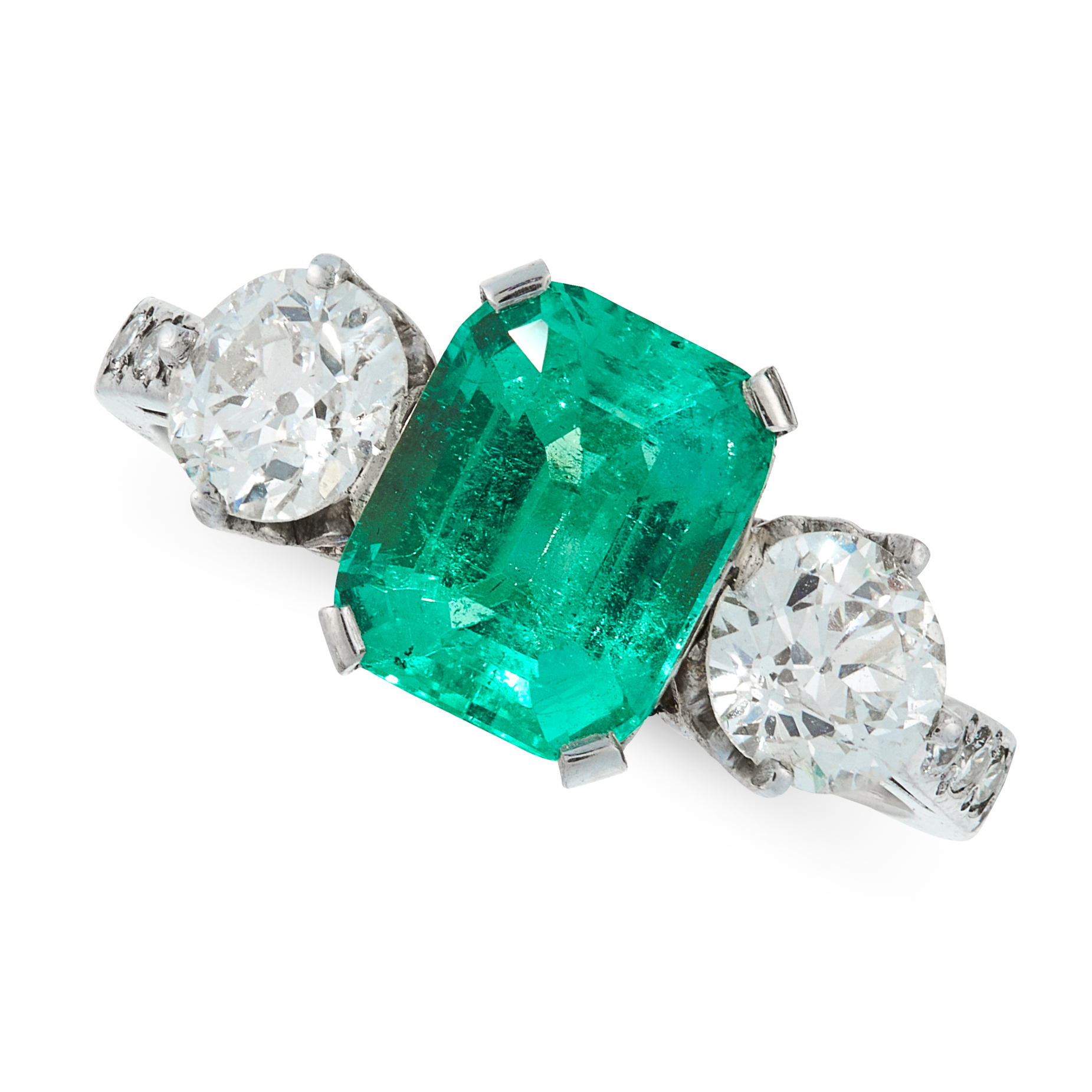 A COLOMBIAN EMERALD AND DIAMOND DRESS RING set with an emerald cut emerald of 2.01 carats, between