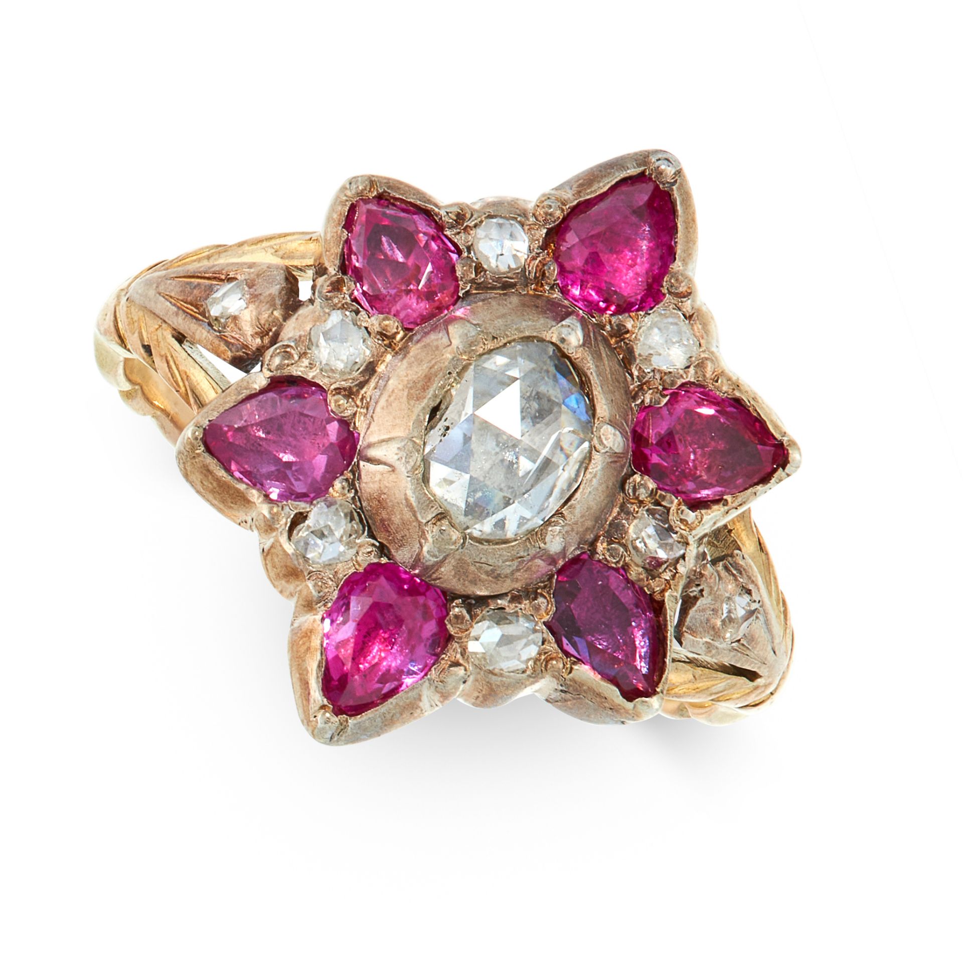 AN ANTIQUE DIAMOND AND RUBY DRESS RING, 19TH CENTURY in yellow gold and silver, set with a central