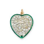 A DIAMOND AND ENAMEL HEART PENDANT in yellow and white gold, set throughout with round cut diamonds,