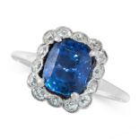 A CEYLON NO HEAT SAPPHIRE AND DIAMOND DRESS RING in platinum, set with a cushion cut blue sapphire