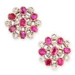 A PAIR OF ANTIQUE RUBY AND DIAMOND STUD EARRINGS, 19TH CENTURY in high carat yellow gold and silver,
