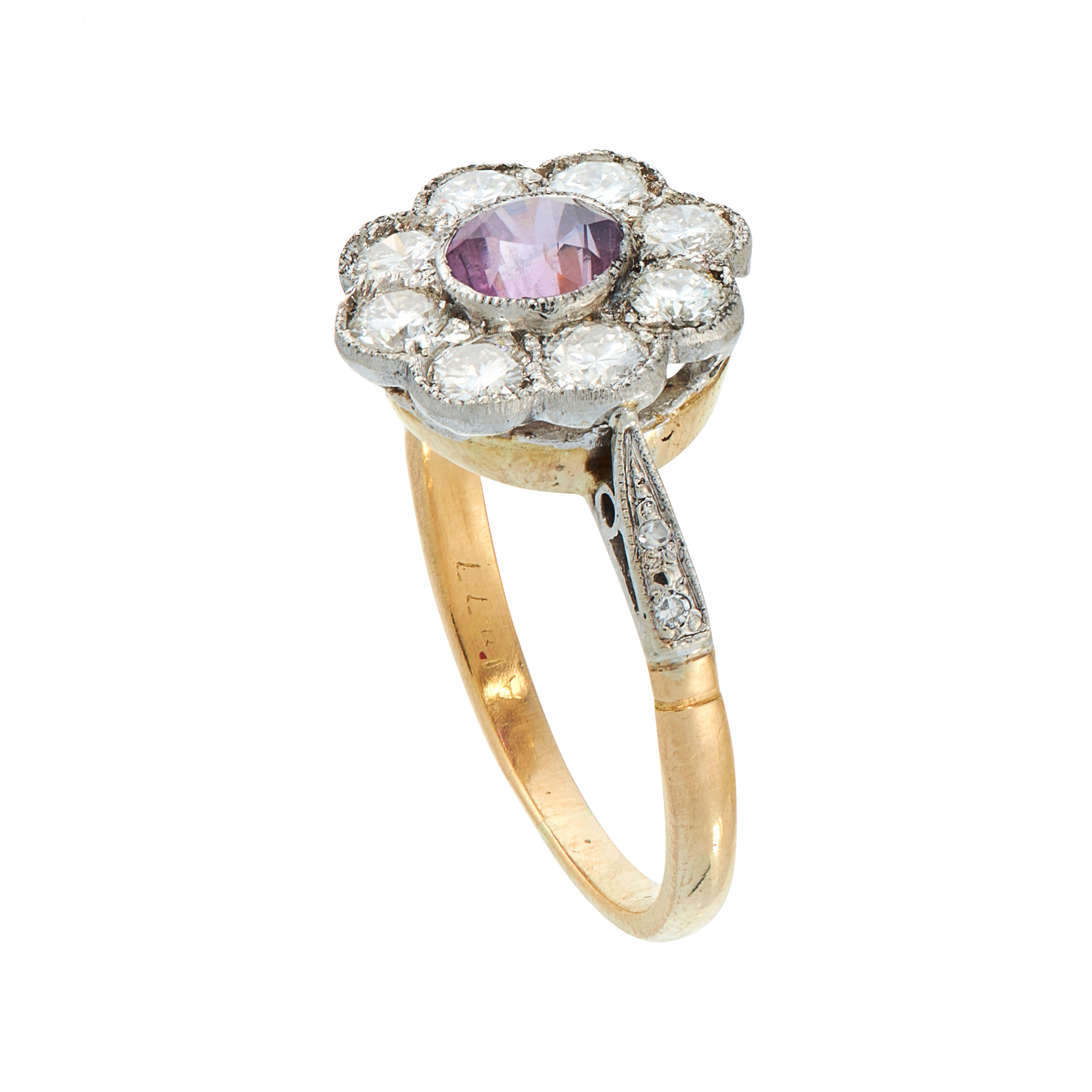 A PINK SAPPHIRE AND DIAMOND DRESS RING in 18ct yellow gold, set with a round cut pink sapphire of - Image 2 of 2