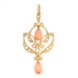 AN ANTIQUE CORAL AND PEARL PENDANT, 19TH CENTURY in 15ct yellow gold, set with two tapering coral