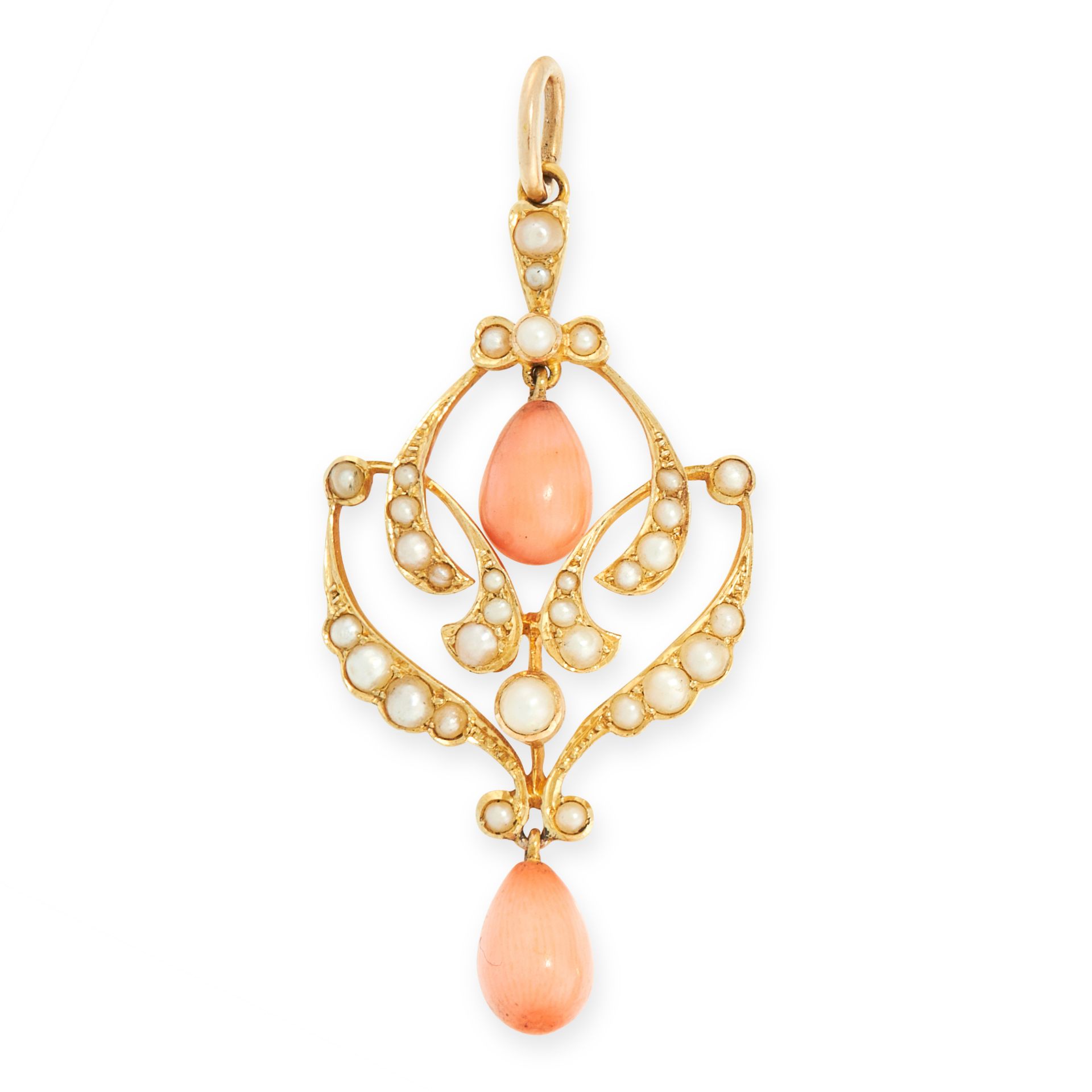 AN ANTIQUE CORAL AND PEARL PENDANT, 19TH CENTURY in 15ct yellow gold, set with two tapering coral