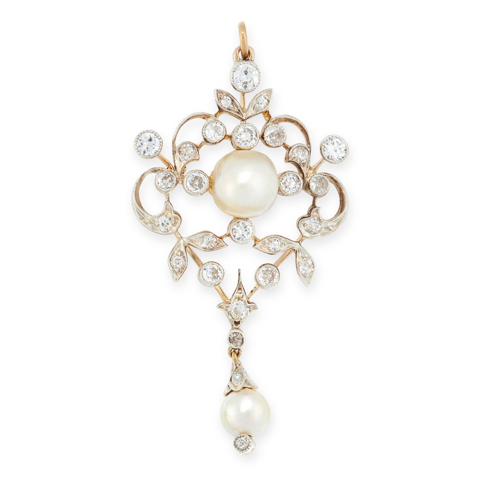 AN ANTIQUE NATURAL PEARL AND DIAMOND PENDANT CIRCA 1900 set with two pearls of 7.90mm and 5.89mm,