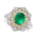 AN UNTREATED COLOMBIAN EMERALD, YELLOW SAPPHIRE AND DIAMOND DRESS RING in platinum, set with a