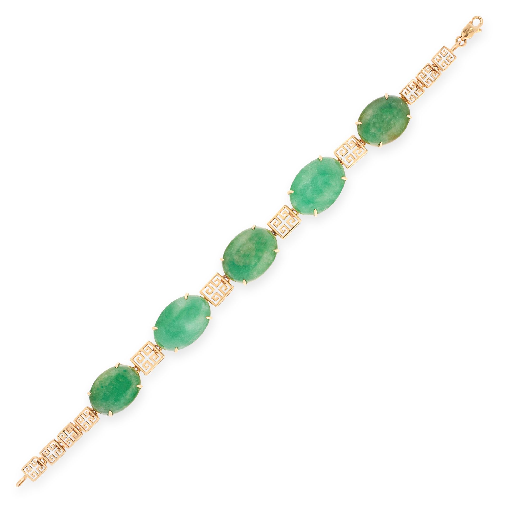 A NATURAL JADEITE JADE BRACELET in 18ct yellow gold, set with five oval cabochon jadeite, all