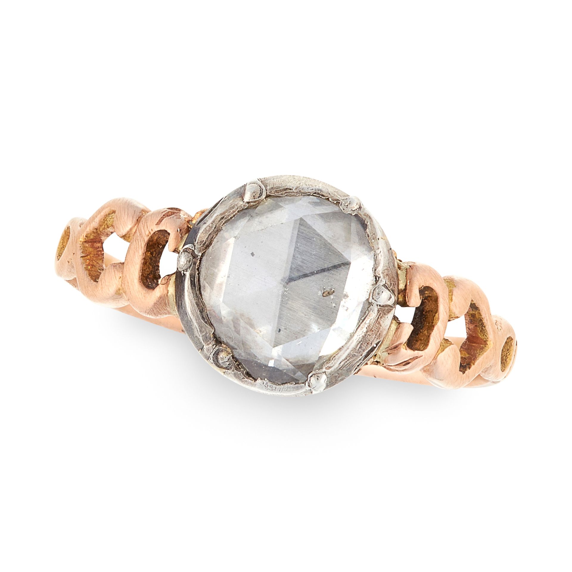 AN ANTIQUE DIAMOND RING, EARLY 19TH CENTURY in yellow gold and silver, set with a rose cut diamond